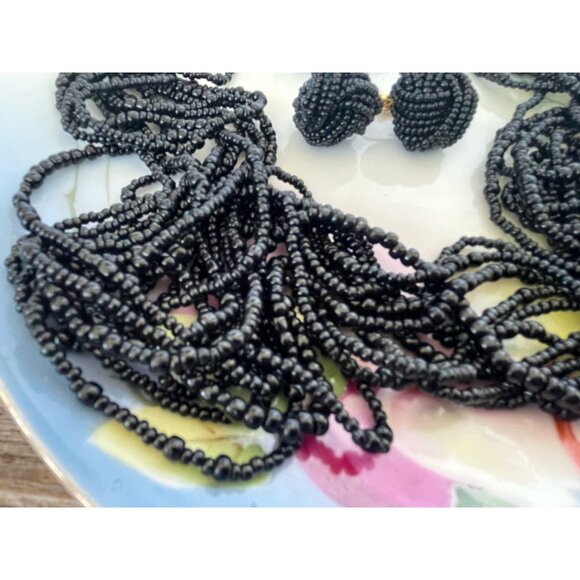 Vintage 1960s Black glass Seed Bead 12 Strand Necklace Cluster Earrings Set - Picture 6 of 14